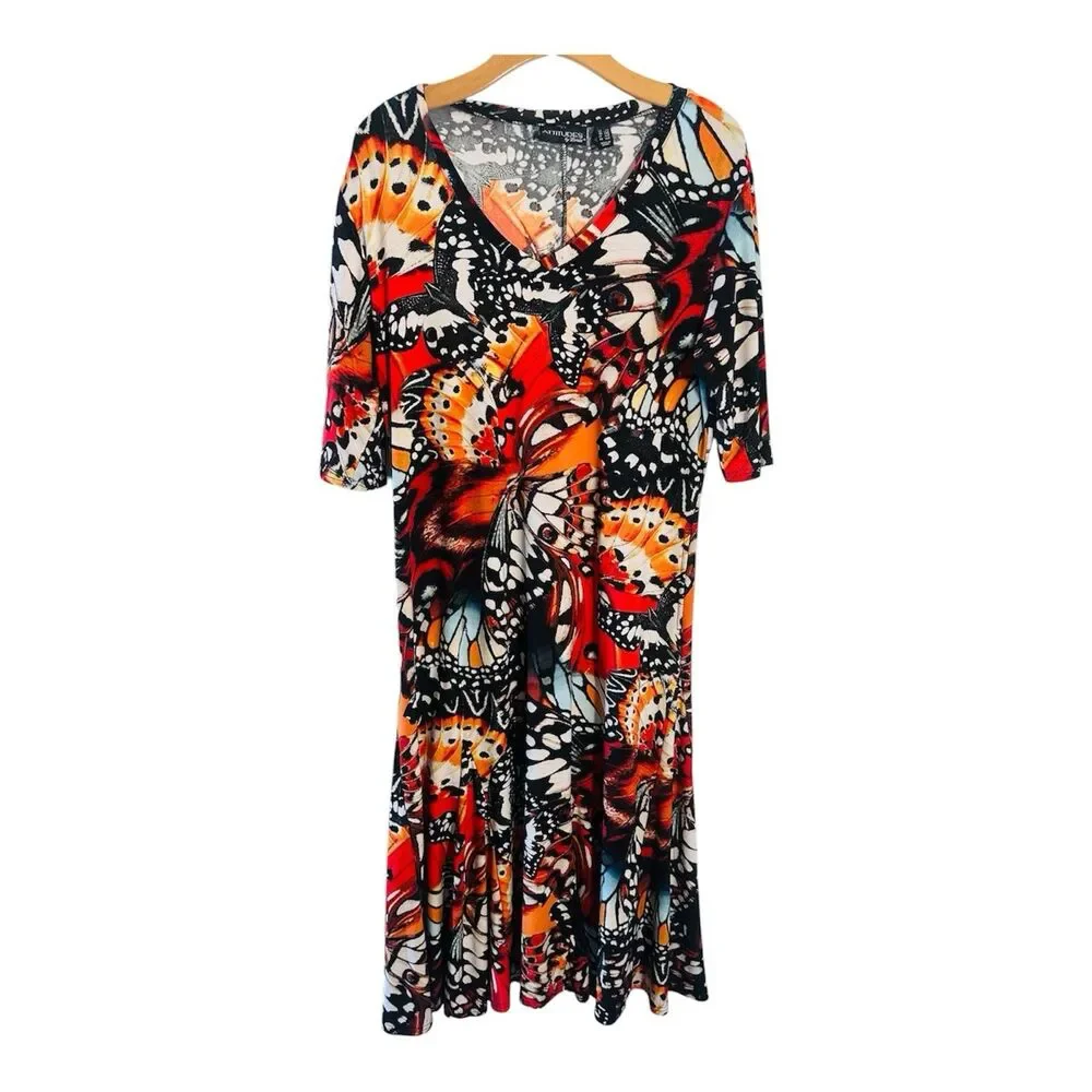 Attitudes Renee Jersey Dress Maxi Sz L Monarch Butterfly Maxi Boho Stretch Red - Picture 2 of 12